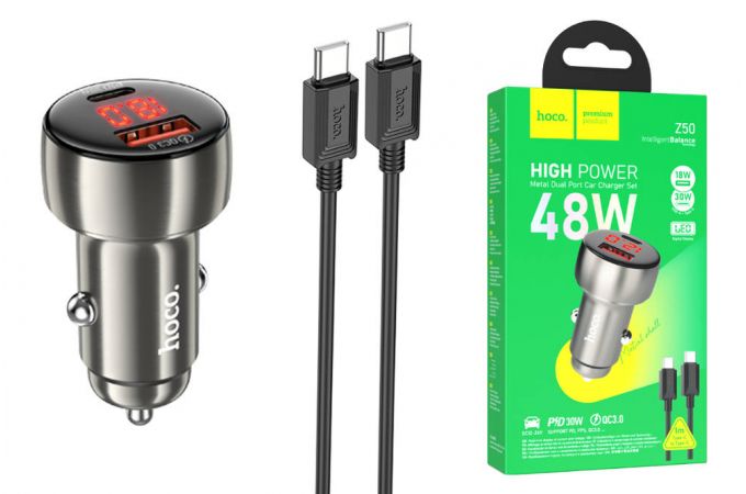 Автомобильное зарядное устройство АЗУ USB + USB-С + кабель Type-C HOCO Z50  48W PD30W+QC3.0 (серый)