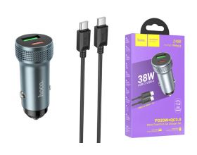 Автомобильное зарядное устройство АЗУ USB + USB-С + кабель Type-C HOCO Z49B  38W (серый)