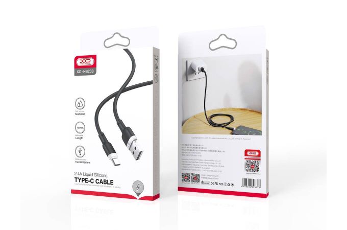 Кабель USB - USB Type-C XO NB208 2.4A Liquid Silicone Black