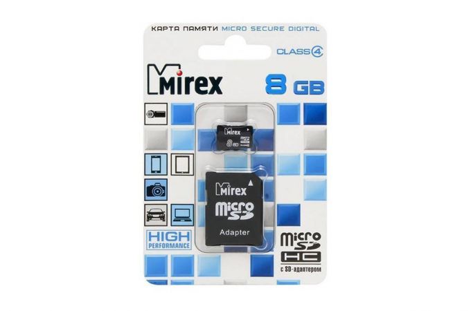 Карта памяти Mirex 8GB MicroSD (Class4) с адаптером