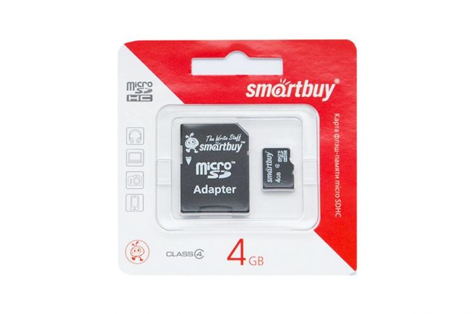 Карта памяти microSDHC Smartbuy 4 GB (class 4) c адаптером (SB4GBSDCL4-01)