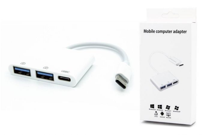 Разветвитель USB-C HUB NN-HB011 на 2 порта + USB-C для зарядки (белый)