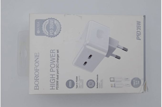 Сетевое зарядное устройство 2USB-C + кабель Lightning - Type-C BOROFONE BA76A PD35W (белый) (УЦЕНКА! МЯТАЯ УПАКОВКА)
