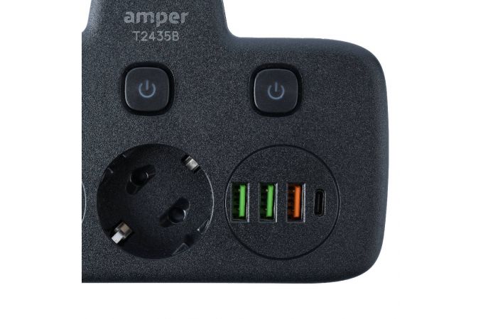 Сетевой тройник Amper 0,2м, 2 розетки, 3*0,75мм, 10А, 2500 Вт, 3usb, 1Type-C, 3кн, черный. T2435B