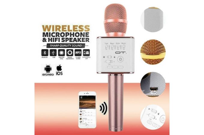 Караоке микрофон Орбита OT-ERM05 (Розовый, Bluetooth, динамики, USB) (розовый)