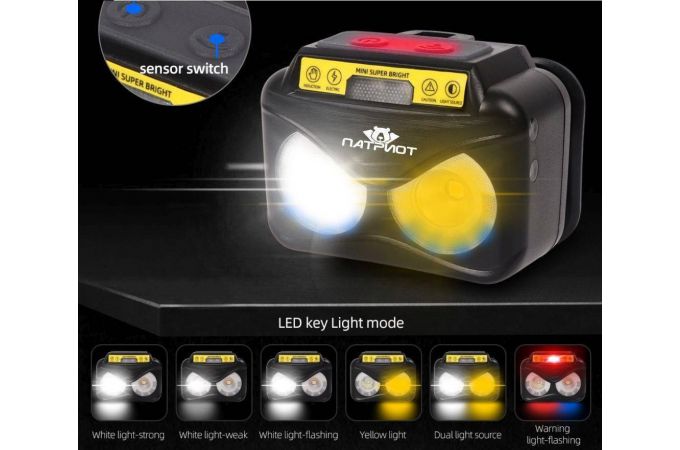 Фонарь налобный Патриот PT-FLG33 (3L, аккум, дат.движ)