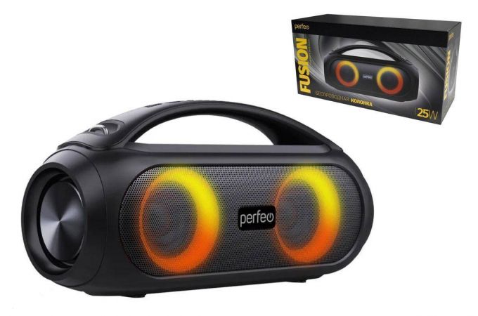 Портативная беспроводная колонка Perfeo "FUSION" LED, FM, TWS, MP3 USB, AUX, 25Вт (черный)