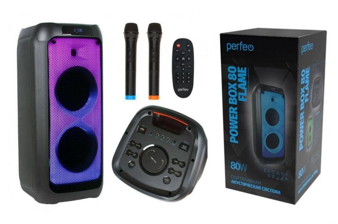 Активная напольная акустика Perfeo “Power Box 80 Flame” + 2 беспроводных микрофона