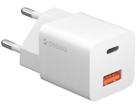 Сетевое зарядное устройство USB Deppa (11410) USB-C + USB A PD 3.0, QC 3.0, GaN, 20W (белый)