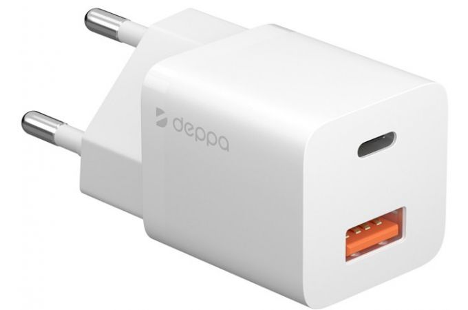 Сетевое зарядное устройство USB Deppa (11410) USB-C + USB A PD 3.0, QC 3.0, GaN, 20W (белый)