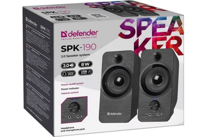 Акустическая система 2.0 Defender SPK-190 8 Вт, питание от USB (черный)