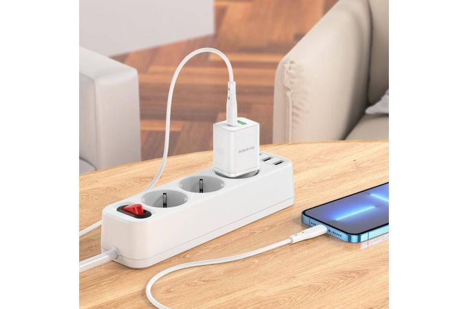 Сетевое зарядное устройство USB + USB-C + кабель Lightning - Type-C BOROFONE BN7 PD20W+QC 3.0 (белый)