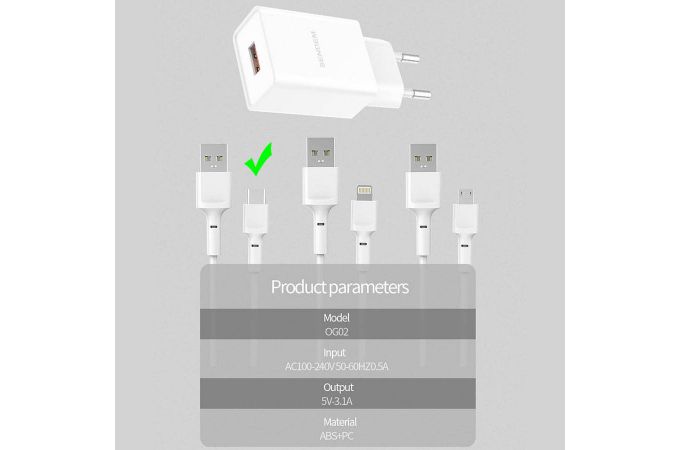 Сетевое зарядное устройство USB + кабель Type-C Sendem OG02 2,4 Ah (белый)