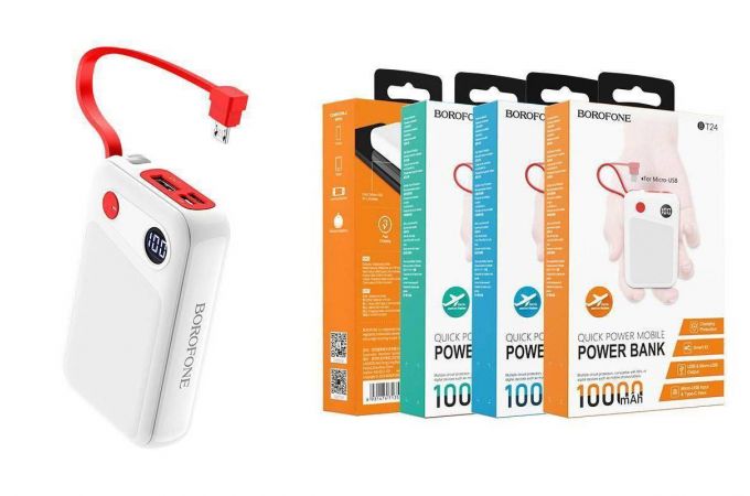 Универсальный дополнительный аккумулятор Power Bank BOROFONE BT24 кабель MicroUSB (10000 mAh) (белый)