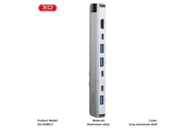 Разветвитель USB HUB XO HUB017 type-c 9-in-1 Magnetic Metal Docking (Type-c to USB3.0*3+HDMI*2+PD*2+RJ45+TYPE-C Power Supply) Tranish+Transparent