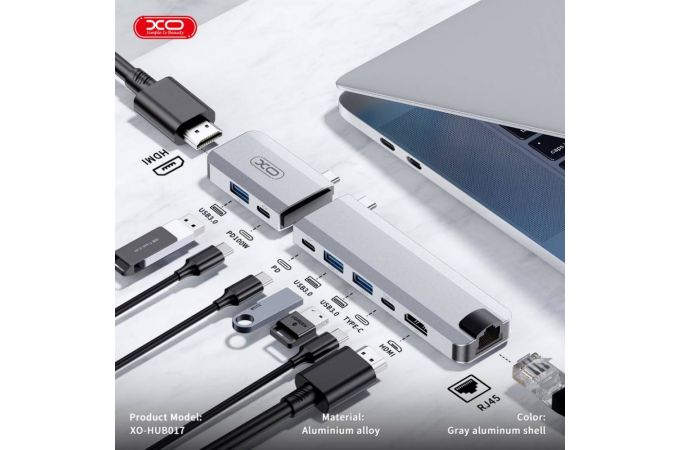 Разветвитель USB HUB XO HUB017 type-c 9-in-1 Magnetic Metal Docking (Type-c to USB3.0*3+HDMI*2+PD*2+RJ45+TYPE-C Power Supply) Tranish+Transparent