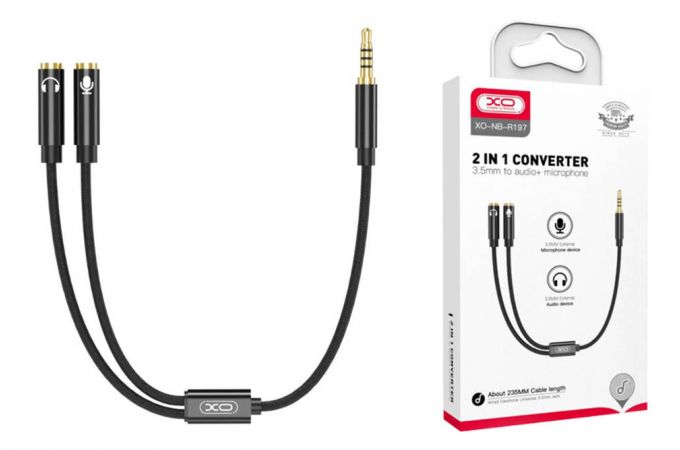 Кабель аудио XO NB-R197 2 IN 1 3.5mm to audio+microphone converter Black