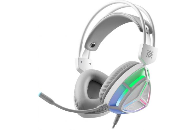 Гарнитура игровая Defender Prism белый RGB / мембрана 50 мм. / кабель 2.0 м