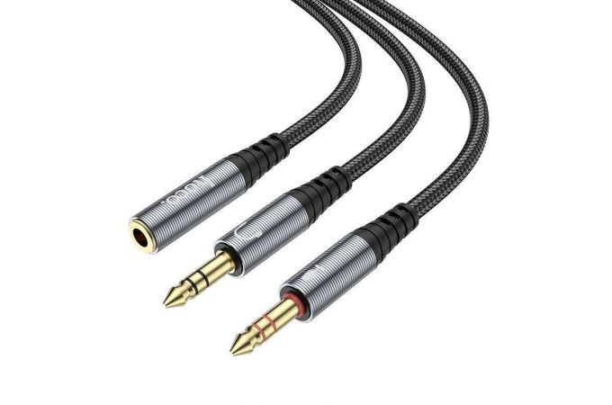 Кабель аудио AUX HOCO UPA21 AUX  2 в1 (гнездо 3.5 мм на 2 штекера 3,5 мм) 0,25 метр серый