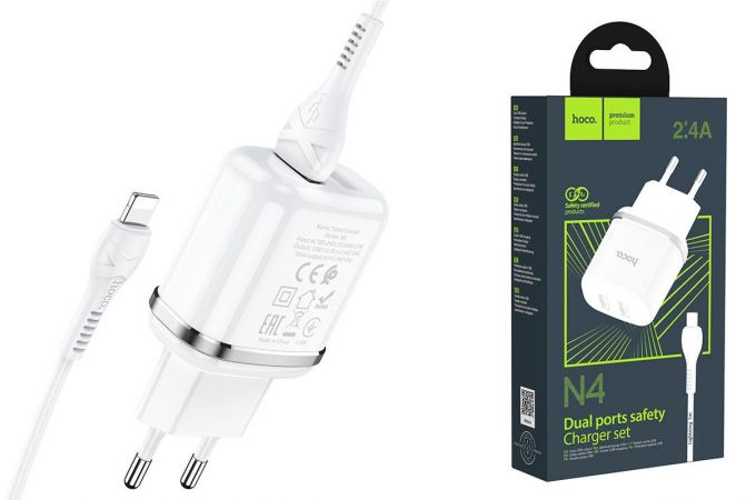 Сетевое зарядное устройство 2USB + кабель Lightning HOCO N4 Aspring 2400mAh (белый)