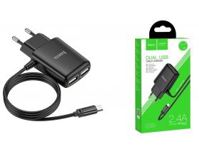 Сетевое зарядное устройство 2USB + кабель MicroUSB HOCO C82A Real power 2400mAh (черный)