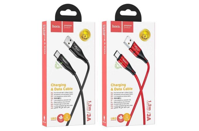 Кабель USB - USB Type-C HOCO U93, 3A (черный) 1,2м (в оплетке, LED индикатор)