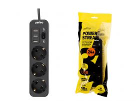 Сетевой фильтр Perfeo "POWER STREAM", 2500W, двойная защита, 2м, 3 розетки, 3 USB (черный)