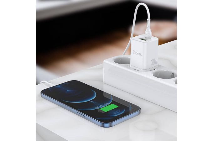 Сетевое зарядное устройство USB + USB-C + кабель Lightning-Type-C HOCO N13 Bright PD30W+ QC 3.0 (белый)