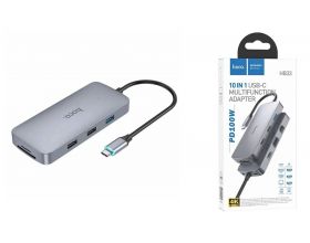 Адаптер мультихаб HOCO HB33 Type-C на HDTV+PD+USB3.0+2xUSB2.0+SD+TF+RJ45+VGA+AUX, 0.13 метра, серый металлик