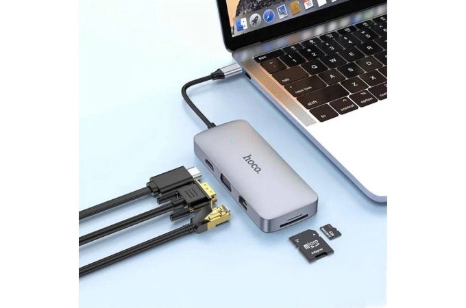Адаптер мультихаб HOCO HB33 Type-C на HDTV+PD+USB3.0+2xUSB2.0+SD+TF+RJ45+VGA+AUX, 0.13 метра, серый металлик