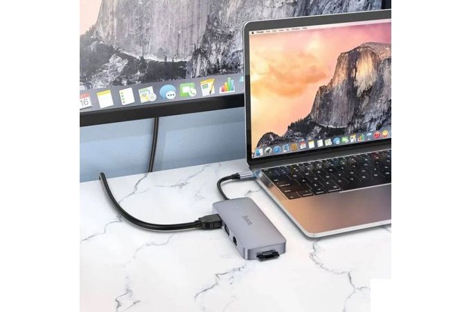 Адаптер мультихаб HOCO HB33 Type-C на HDTV+PD+USB3.0+2xUSB2.0+SD+TF+RJ45+VGA+AUX, 0.13 метра, серый металлик