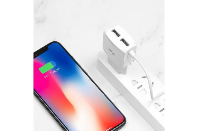 Сетевое зарядное устройство 2USB + кабель Lightning HOCO C59A Mega joy 2400mAh (белый)