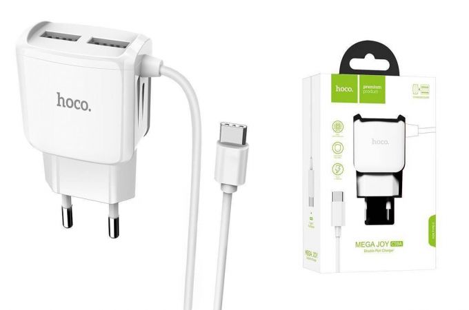 Сетевое зарядное устройство 2USB + кабель Type-C HOCO C59A Mega joy (белый)