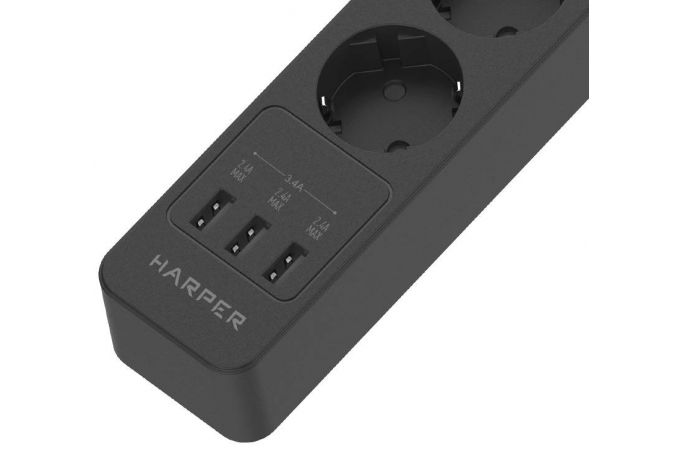 Сетевой фильтр с USB зарядкой HARPER UCH-510 Black  3xUSB порта, 5хрозеток, длина 10м, 4000W (16A)