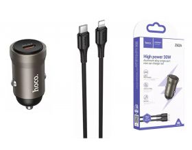 Автомобильное зарядное устройство АЗУ USB + кабель Type-C - Lightning HOCO Z62A Energy PD30W (серый)