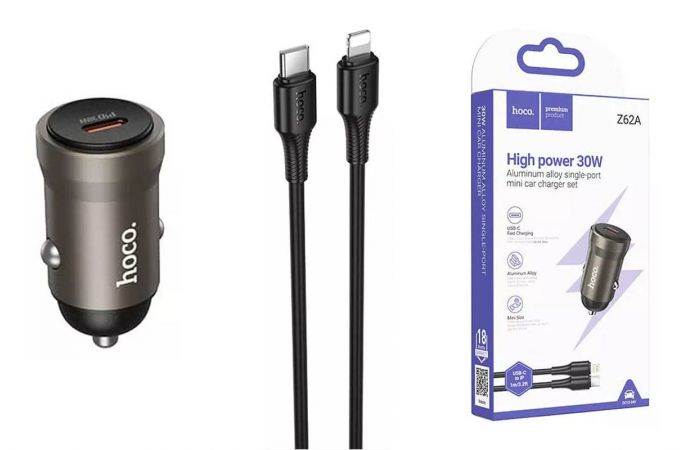 Автомобильное зарядное устройство АЗУ USB + кабель Type-C - Lightning HOCO Z62A Energy PD30W (серый)