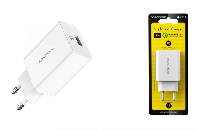 Сетевое зарядное устройство USB BOROFONE BA21A Long journey single port QC3.0 18W  3000 mAh (белый)