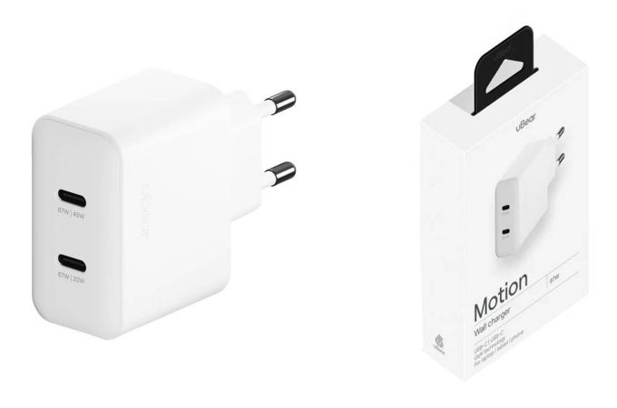 Сетевое зарядное устройство uBear Motion, GaN, 67W (2 ports USB-C) Сетевое зарядное устройство (Белый)