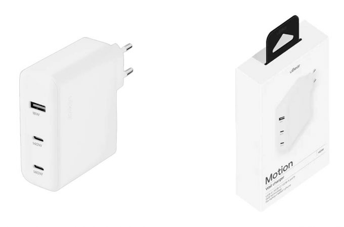 Сетевое зарядное устройство uBear Motion 140W, 3 порта (2хUSB-C, 1хUSB-A), GaN + Super Fast Charging 2.0 (Белый)