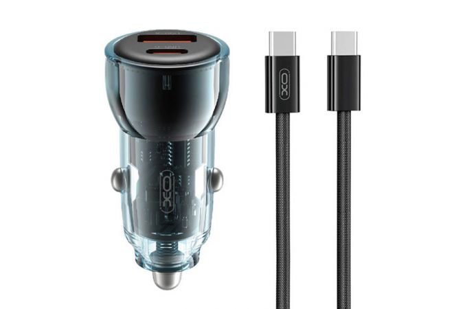 Автомобильное зарядное устройство АЗУ USB + USB-C + кабель Type-C XO CC60 Smart Transparent A30+C30 Simultaneous 60W Blue