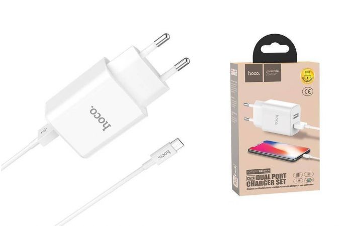 Сетевое зарядное устройство 2USB + кабель MicroUSB HOCO C62A Victoria Fast Charging 2400mAh (белый)