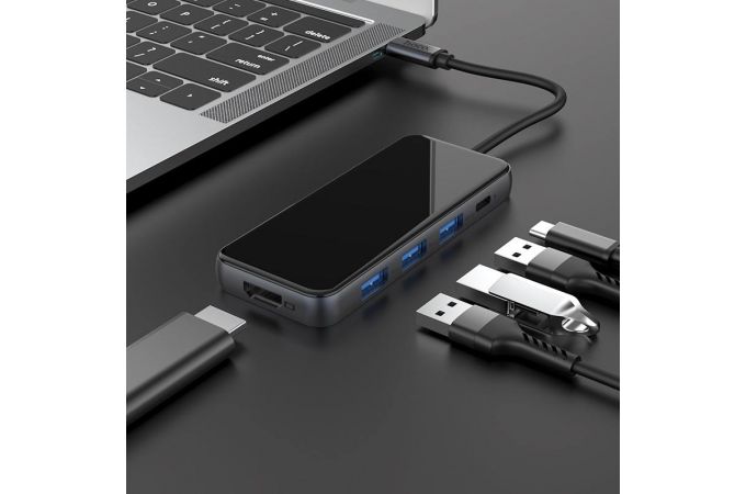 Разветвитель USB HUB Type-C (M) --> HDMI (F) + 3xUSB3.0 (F) + Type-C PD (F) HOCO HB15