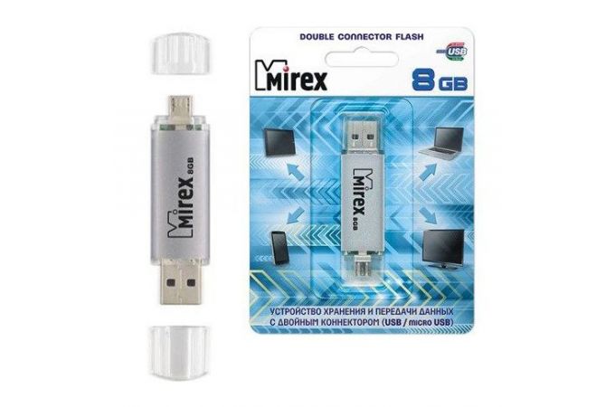 Флешка USB 2.0 Mirex SMART SILVER с двойным разъёмом USB/microUSB 8GB (ecopack)