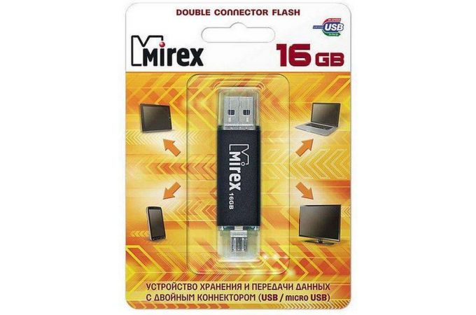 Флешка USB 2.0 Mirex SMART BLACK с двойным разъёмом USB/microUSB 16GB (ecopack)