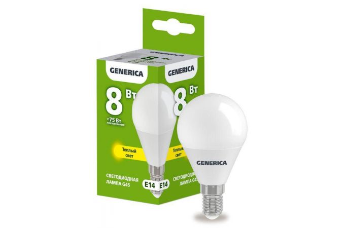 Лампа светодиодная G45 8Вт шар 3000К E14 230В GENERICA LL-G45-08-230-30-E14-G
