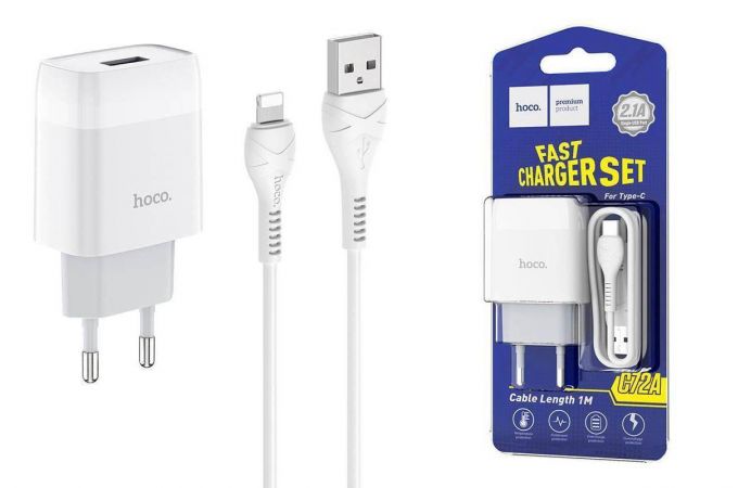 Сетевое зарядное устройство USB + кабель Lightning HOCO C72A Glorious 2400mAh (белый)