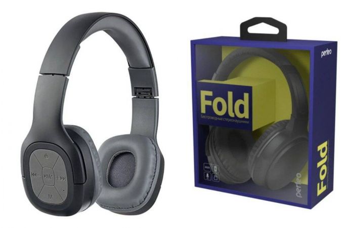 Наушники мониторные беспроводные Perfeo BT с микрофоном FOLD черные MP3 плеер, FM, AUX (У)