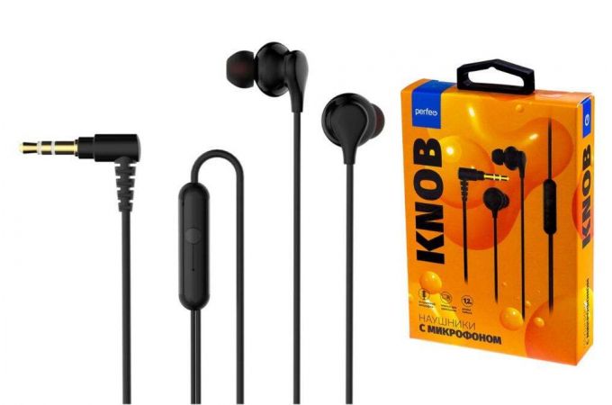Наушники вакуумные проводные Perfeo c микрофоном KNOB черные (У)