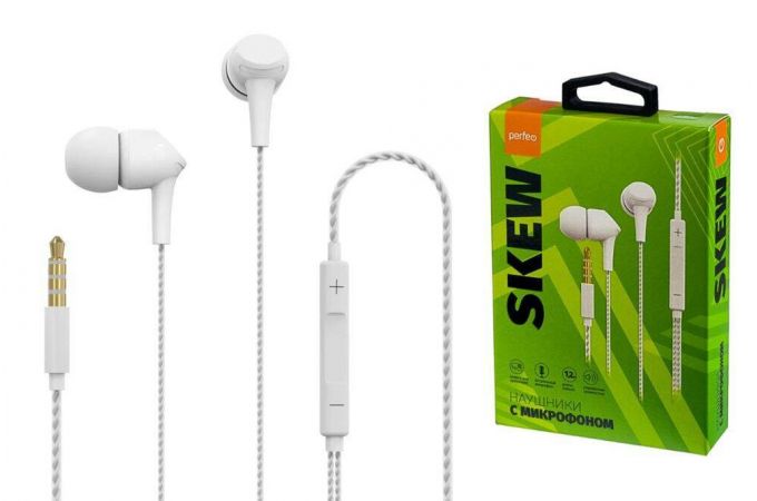 Наушники вакуумные проводные Perfeo c микрофоном SKEW белые