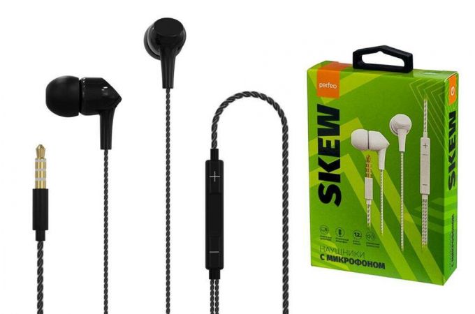 Наушники вакуумные проводные Perfeo c микрофоном SKEW черные